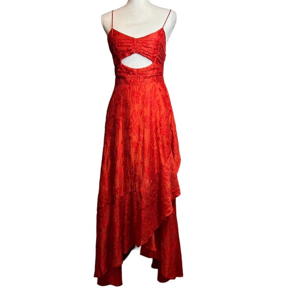 Free People Dresses & Skirts - Free People Buona Sera Maxi Train Dress Wrapped Ruffle Embroidered Red Size 4